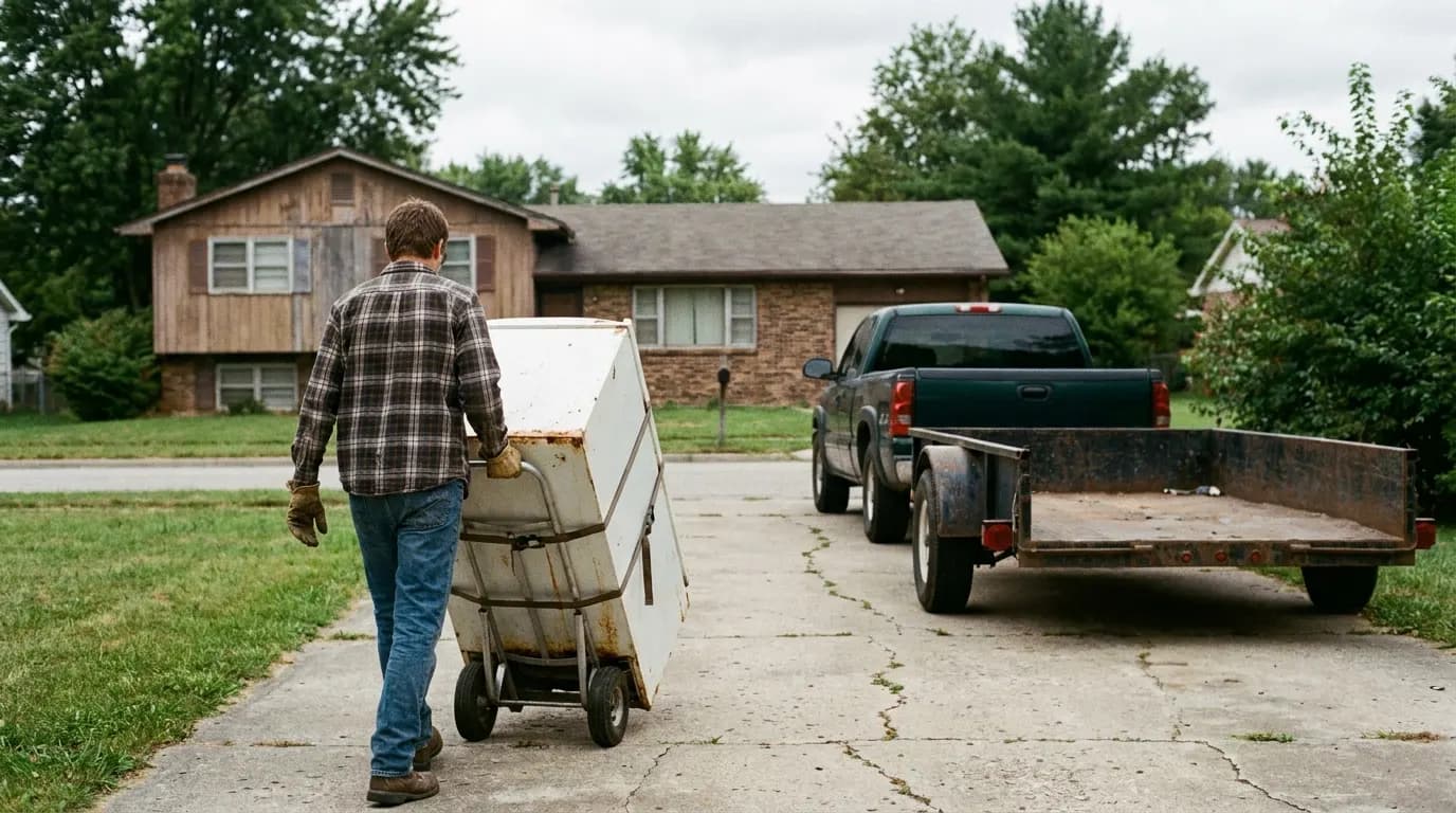 An old refrigerator strapped to an appliance dolly for removal