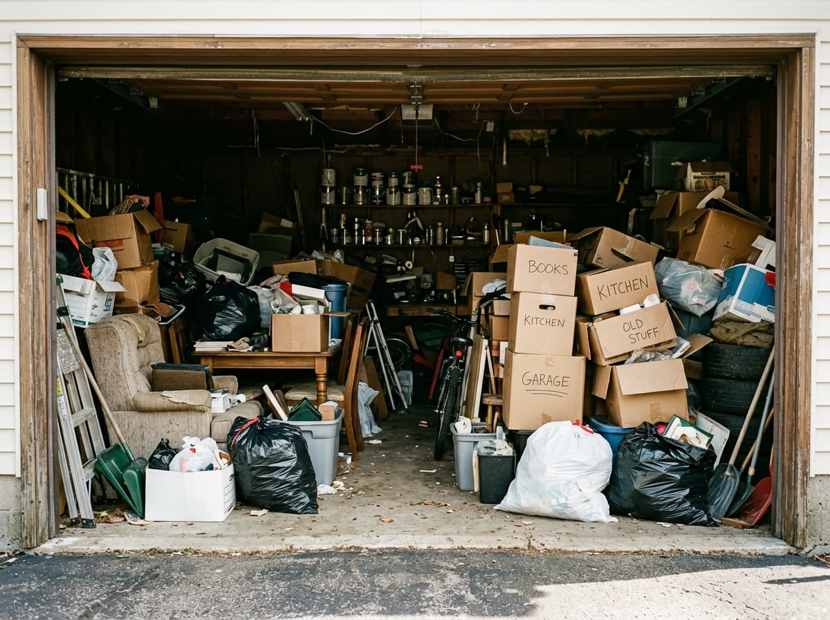 A garage packed with boxes and clutter before a cleanout