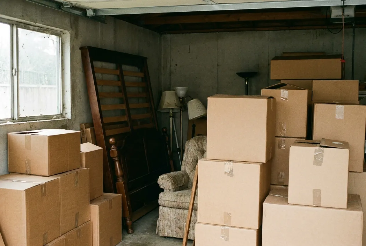 A basement being cleared during an estate cleanout, boxes loaded onto a hand truck