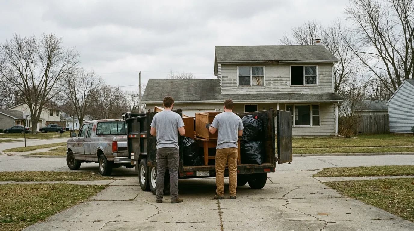 A crew loading a dump trailer outside a property during a cleanout