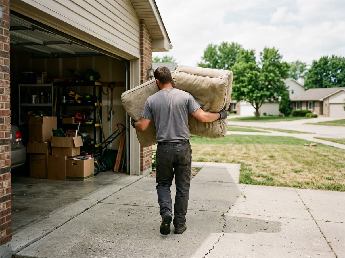 Carrying a couch out of a garage for haul-away