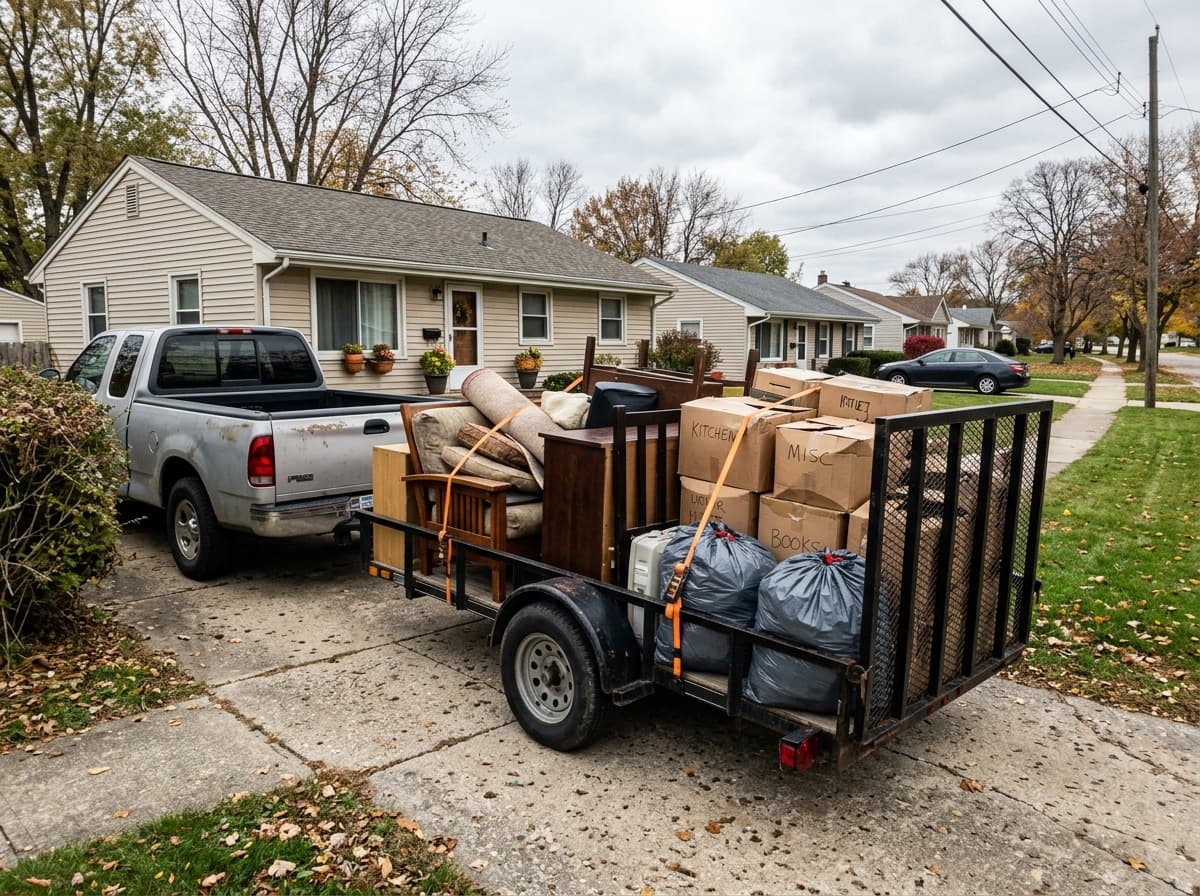 A loaded trailer ready to leave a residential driveway