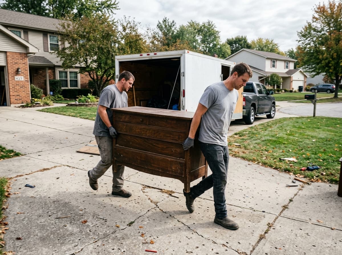 Two workers carrying a dresser to a trailer together