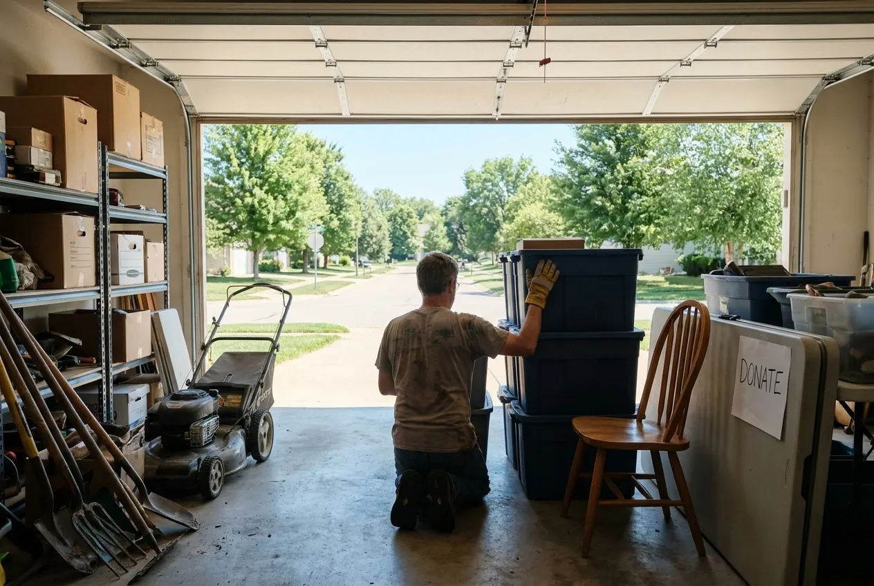 Sorting items into storage bins and a donation pile during a cleanout