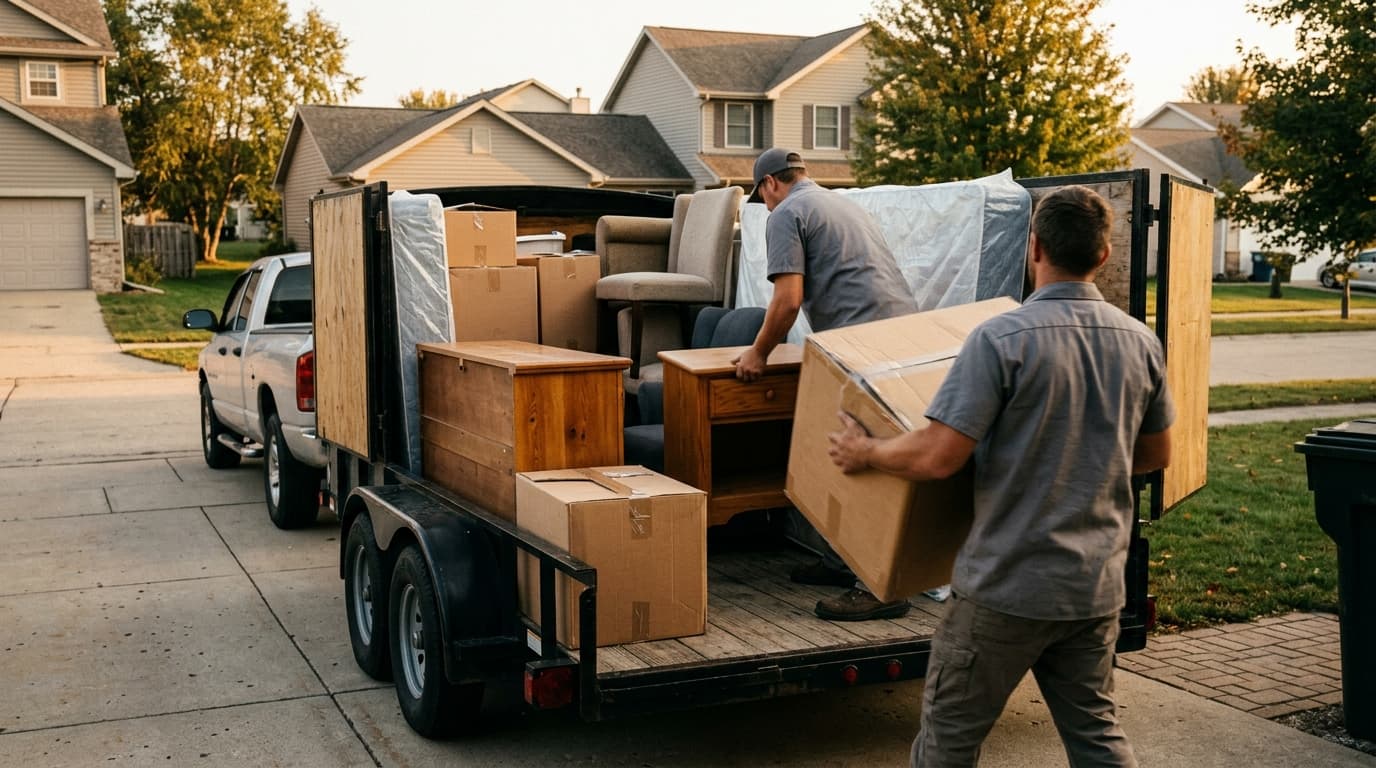 Crew loading furniture and boxes into a trailer outside a home during a cleanout