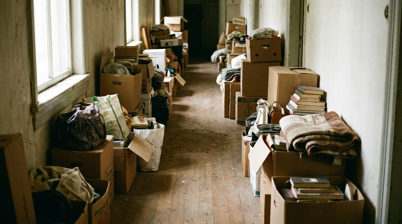 A hallway filled with stored belongings before a hoarding cleanup