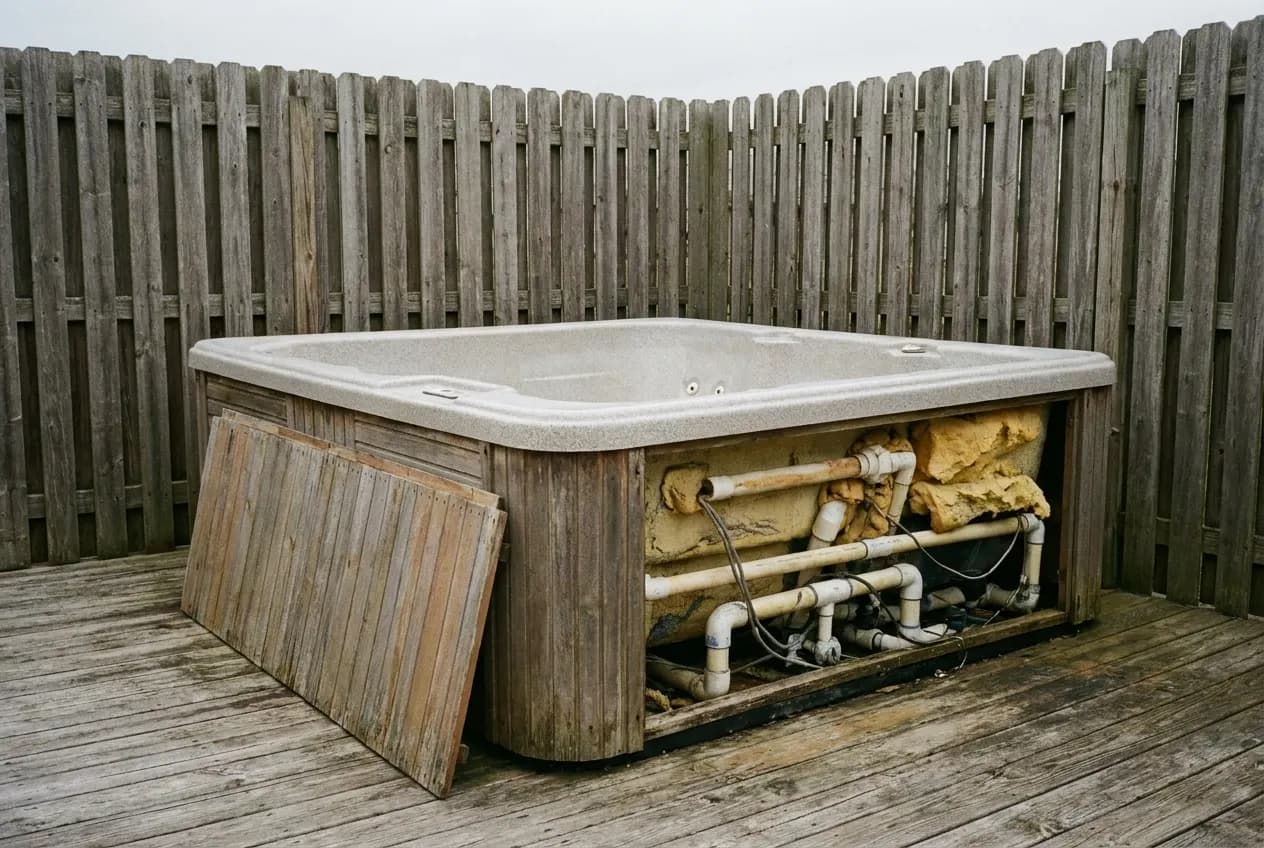 An old hot tub partially disassembled on a deck for removal