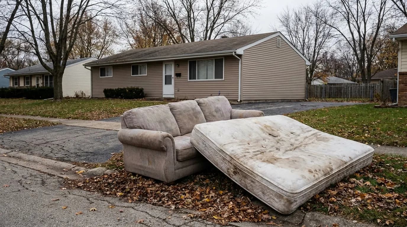 An old couch and mattress set at the curb of a driveway, ready for junk pickup