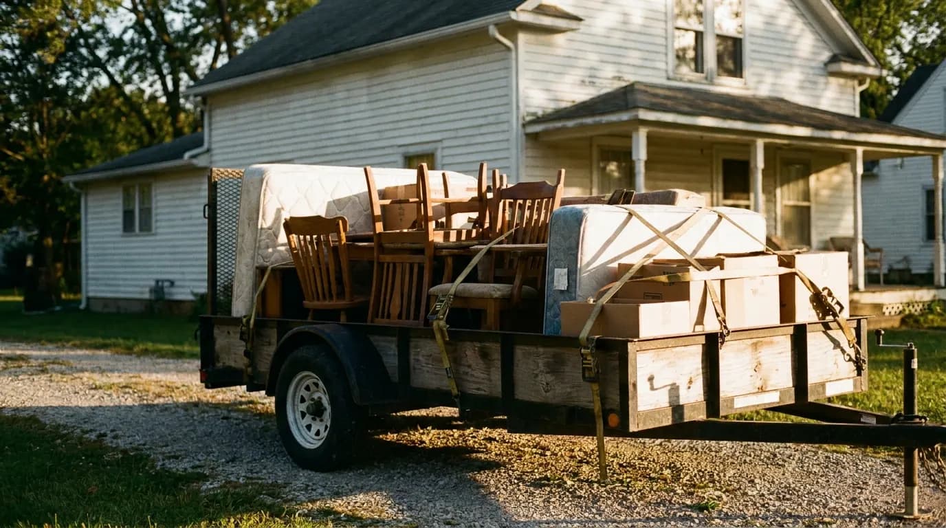 A loaded trailer strapped down and ready to leave a driveway